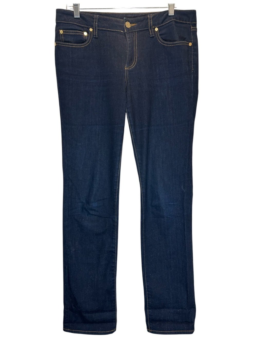 Tory Burch Straight Leg Jeans Dark Wash Denim w/ Leather Logo Patch - Size 30